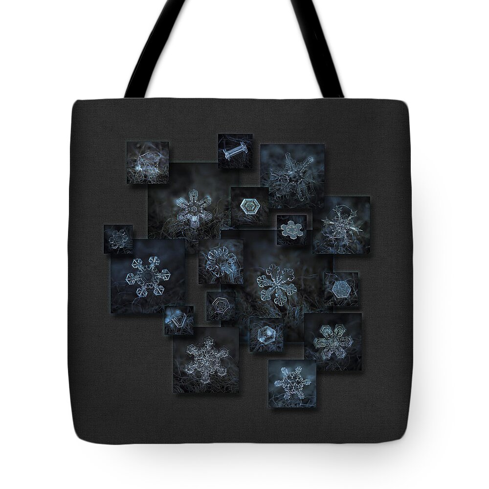 Snowflake Tote Bag featuring the photograph Snowflake collage - Dark crystals 2012-2014 by Alexey Kljatov