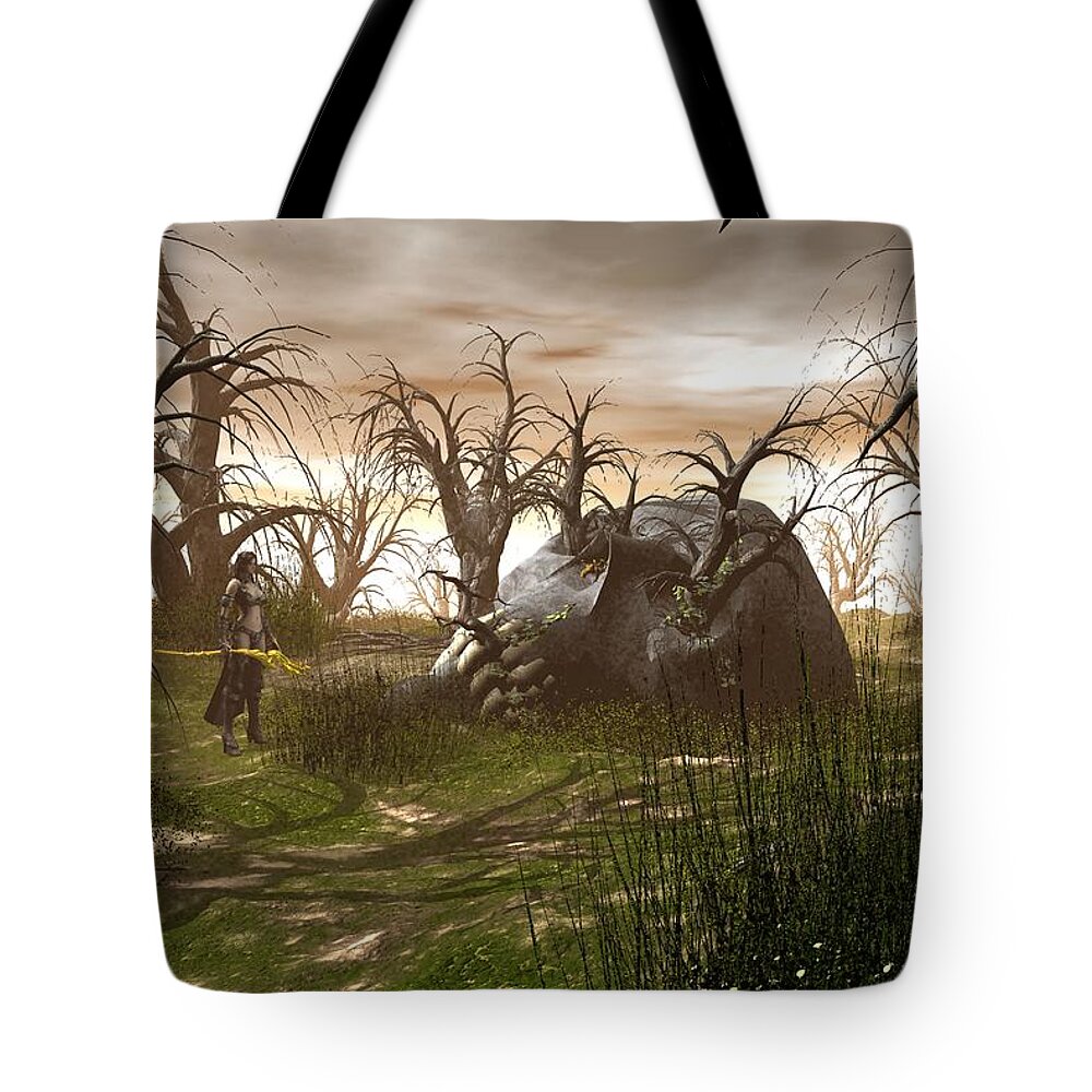 Fantasy Tote Bag featuring the digital art Dawn in the Land of Giants by Michael Wimer