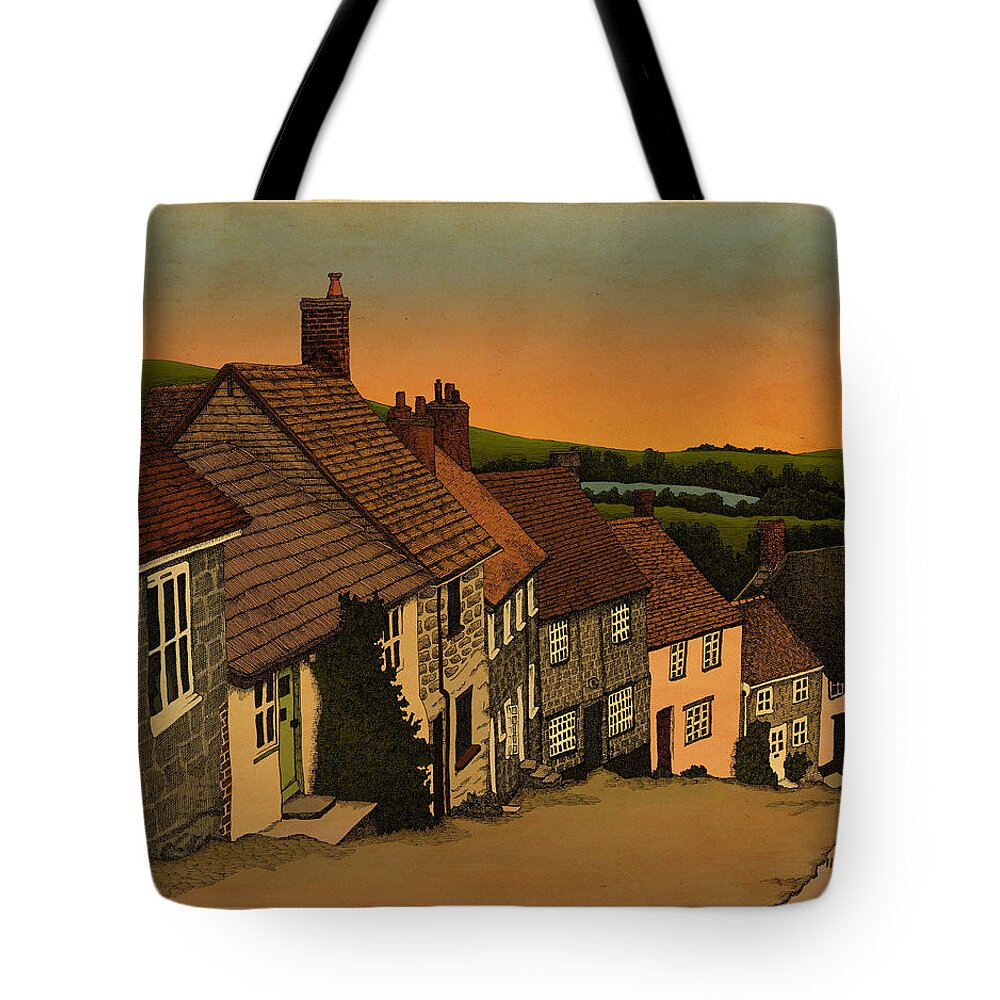 Village Street Houses Architecture Tote Bag featuring the drawing Daybreak by Meg Shearer