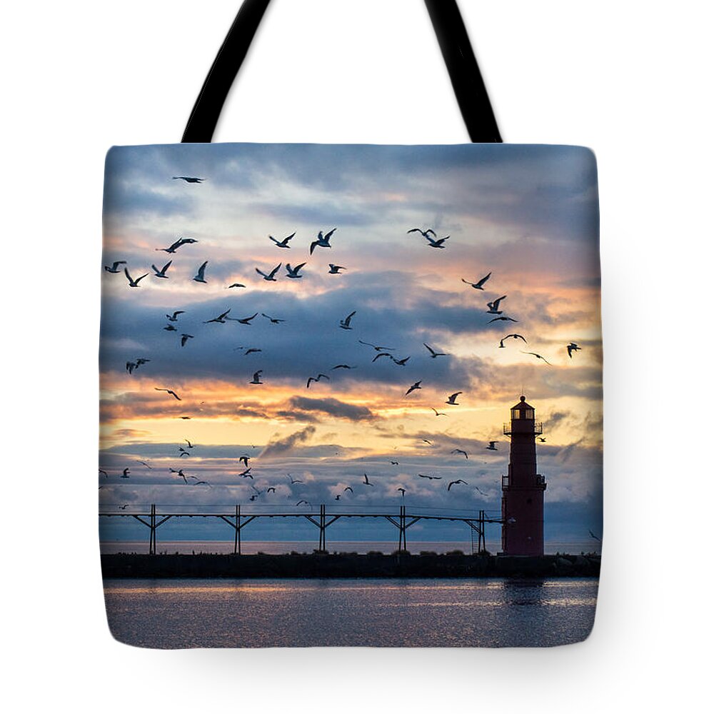Lighthouse Tote Bag featuring the photograph Dawn's Early Flight by Bill Pevlor