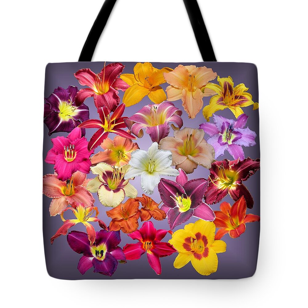 Daylilies Tote Bag featuring the photograph Daylily Collage on Purple by MTBobbins Photography