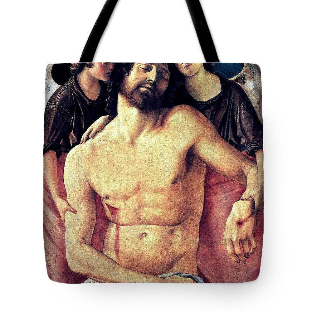 Dead Christ Supported By Angels Tote Bag featuring the painting Dead Christ Supported By Angels 1485 Giovanni Bellini by Karon Melillo DeVega