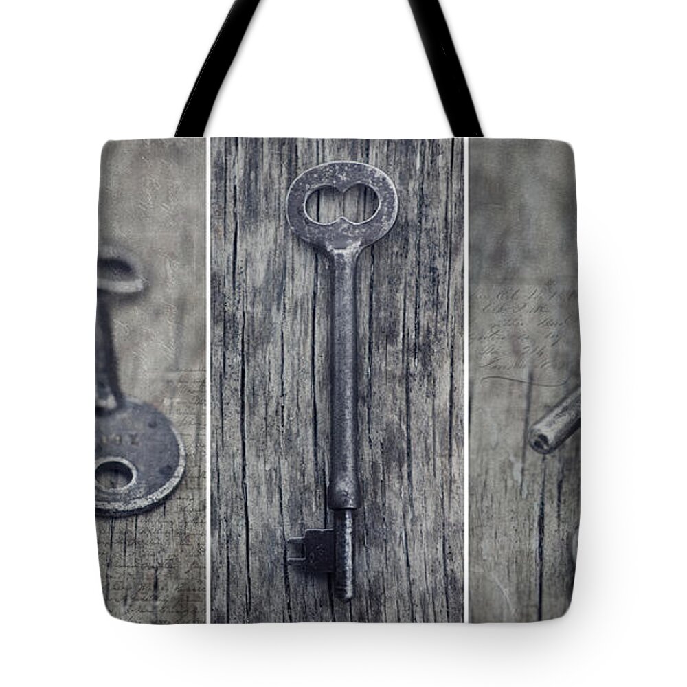 Keys Tote Bag featuring the photograph decorative vintage keys II by Priska Wettstein