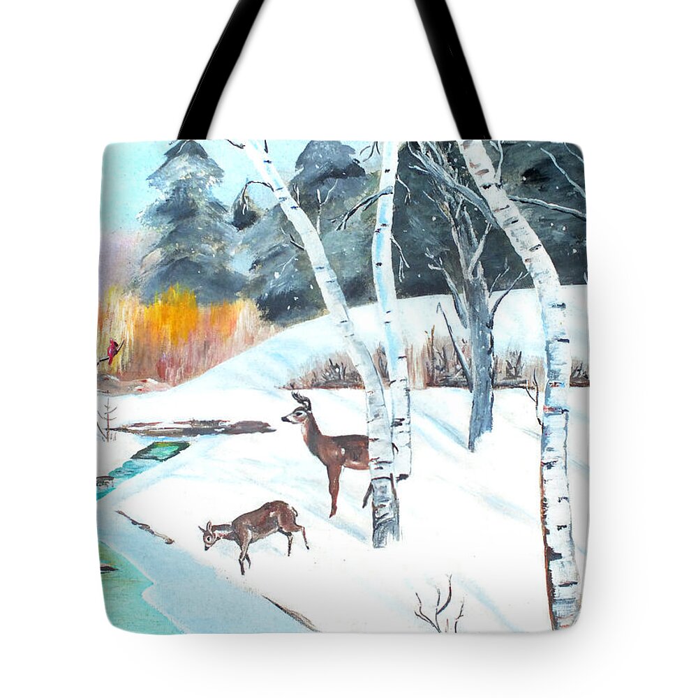 Cgris Mccullough Tote Bag featuring the painting Deer Creek in Winter by Duane McCullough