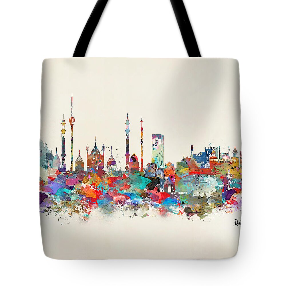 Delhi India Skyline Tote Bag featuring the painting Delhi India Skyline by Bri Buckley