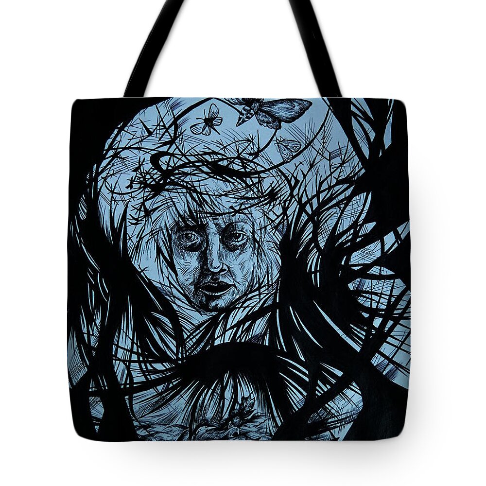 Black And White Tote Bag featuring the drawing Dementia by Anna Duyunova