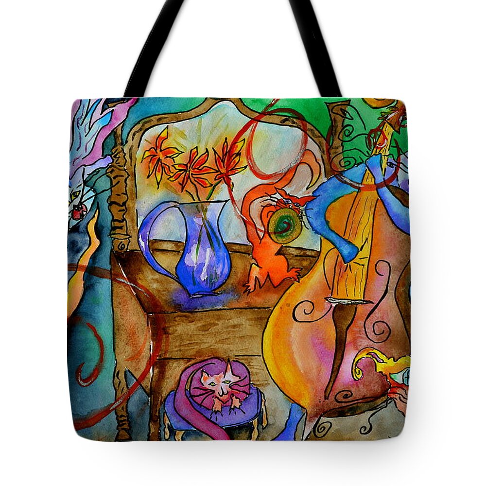 Cats Tote Bag featuring the painting Demon Cats by Beverley Harper Tinsley
