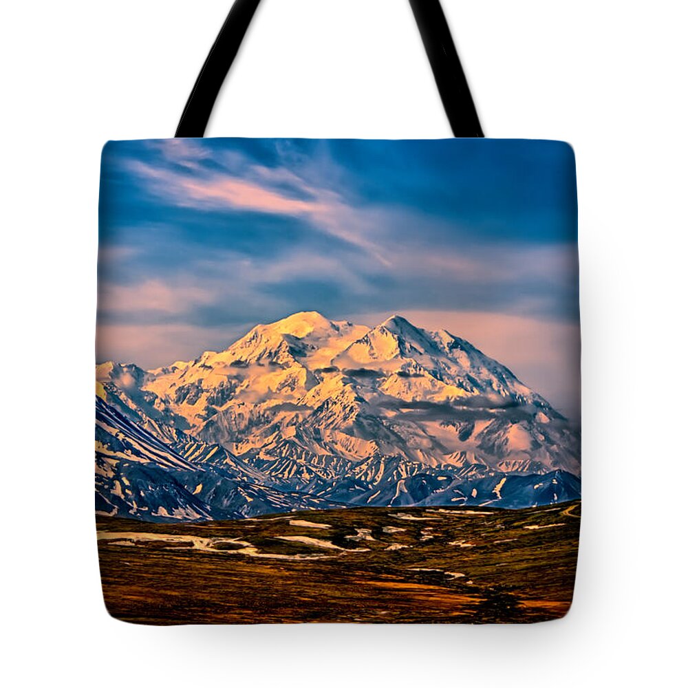 Alaska Tote Bag featuring the photograph Denali at Sunset by John Haldane