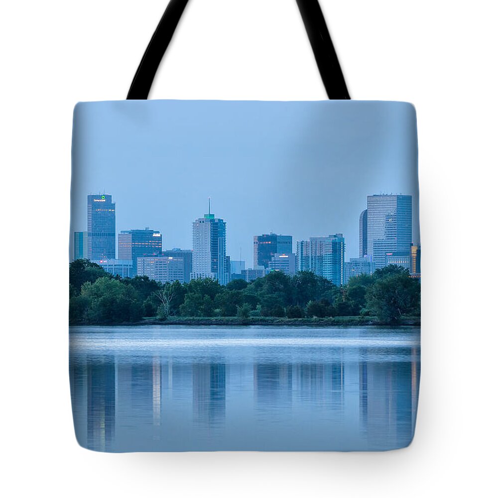 Blue Hour At Sloans Lake With The Denver Skyline Reflecting In The Lake Tote Bag featuring the photograph Denver Colorado by Ronda Kimbrow