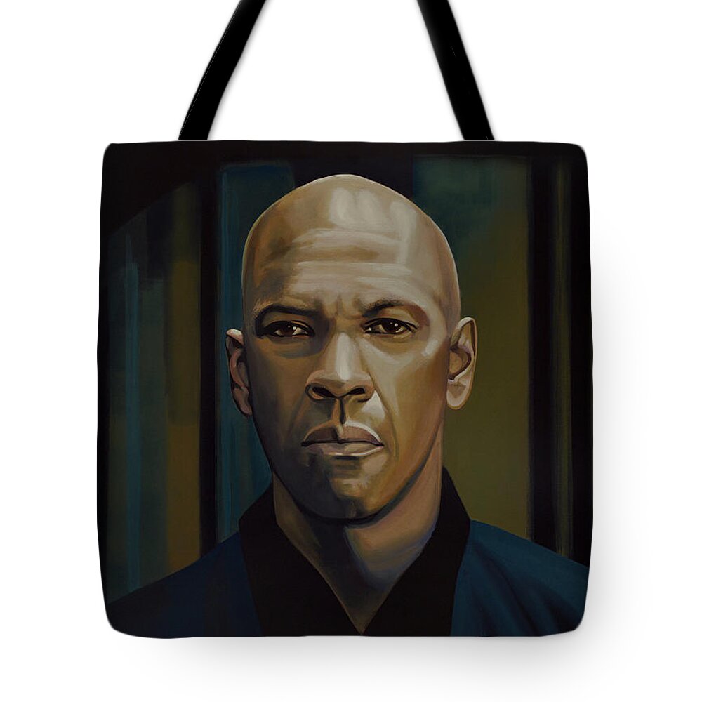 Denzel Washington Tote Bag featuring the painting Denzel Washington in The Equalizer Painting by Paul Meijering