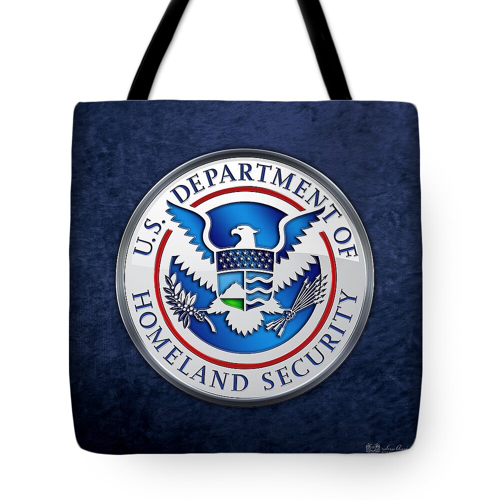 'military Insignia & Heraldry 3d' Collection By Serge Averbukh Tote Bag featuring the digital art Department of Homeland Security - D H S Emblem on Blue Velvet by Serge Averbukh