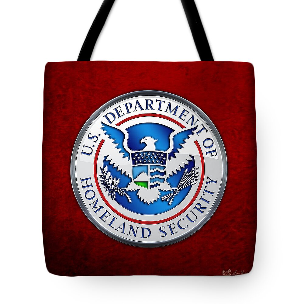 'military Insignia & Heraldry 3d' Collection By Serge Averbukh Tote Bag featuring the digital art Department of Homeland Security - D H S Emblem on Red Velvet by Serge Averbukh