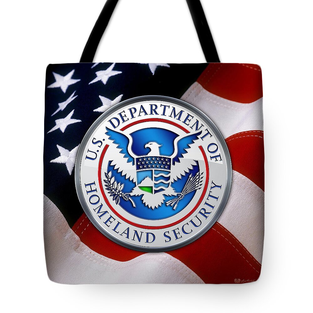'military Insignia & Heraldry 3d' Collection By Serge Averbukh Tote Bag featuring the digital art Department of Homeland Security - D H S Emblem over American Flag by Serge Averbukh
