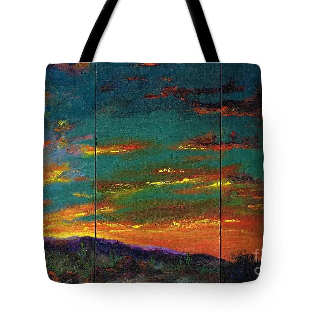 Deserts Tote Bag featuring the painting Desert Sunset Full Triptych by Frances Marino