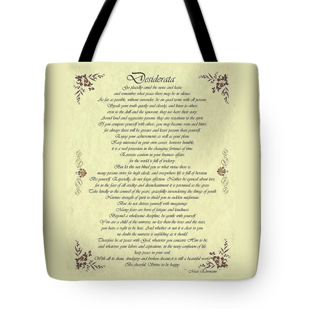 Desiderata Tote Bag featuring the digital art Desiderata Gold Bond Scrolled by Movie Poster Prints
