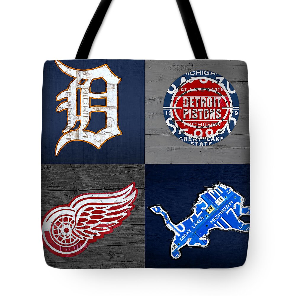 Detroit Tote Bag featuring the mixed media Detroit Sports Fan Recycled Vintage Michigan License Plate Art Tigers Pistons Red Wings Lions by Design Turnpike