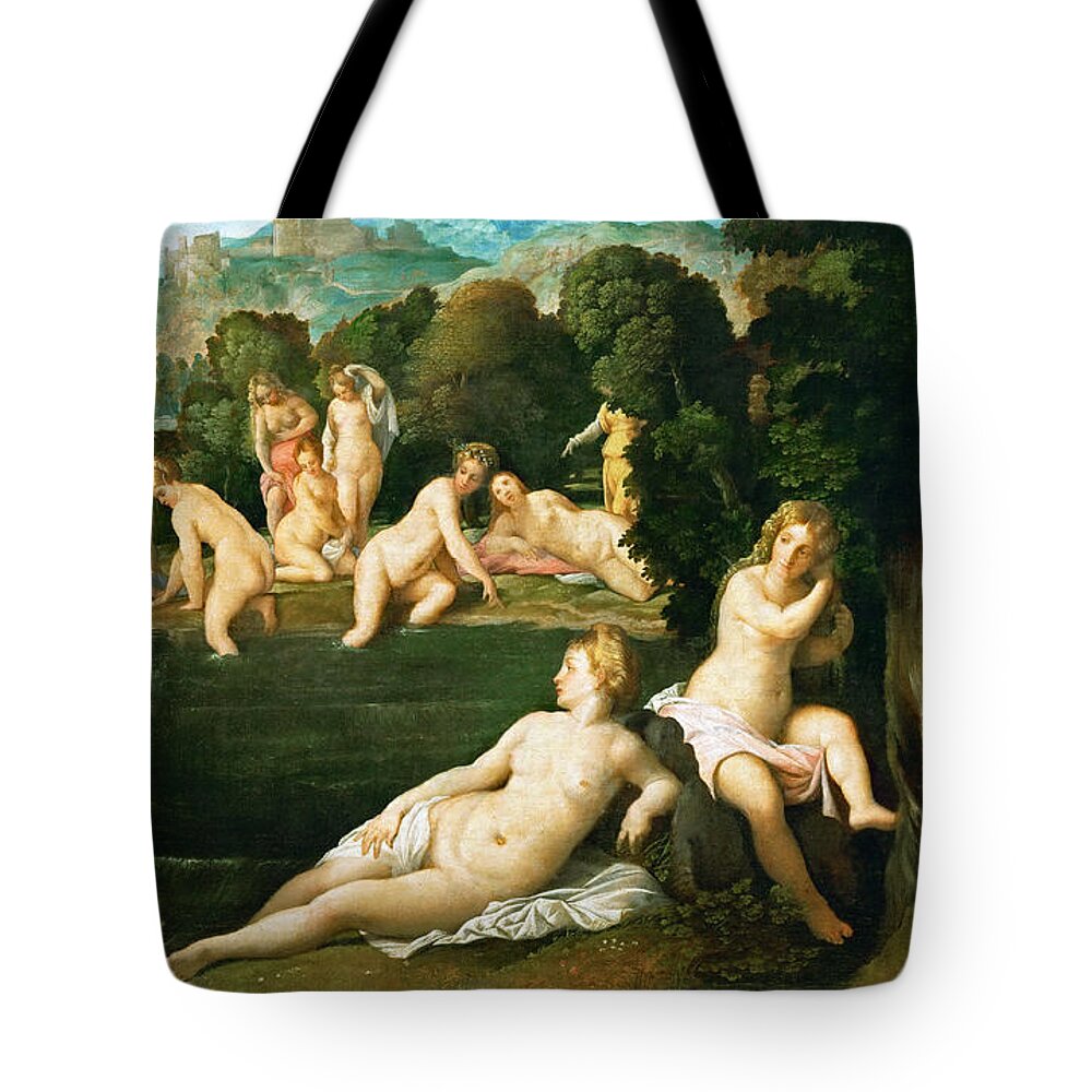 Palma Vecchio Tote Bag featuring the painting Diana and Callisto by Palma Vecchio