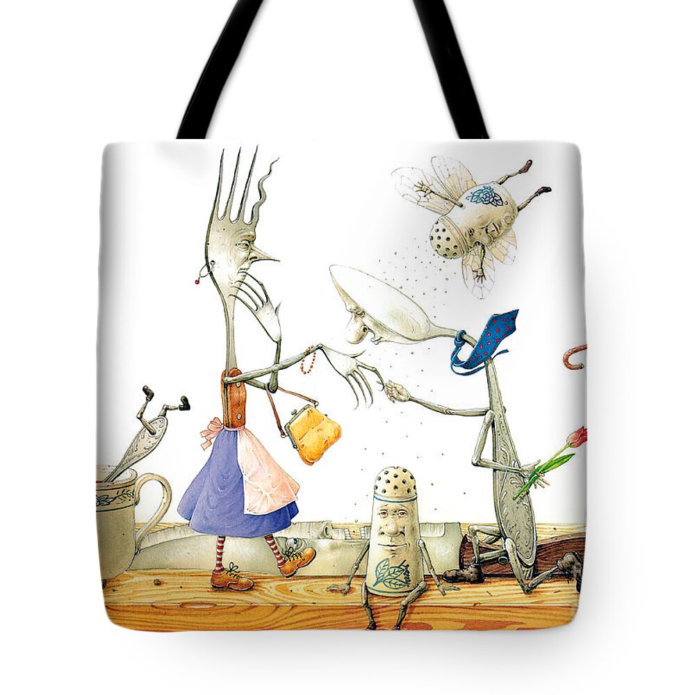 Kitchen Dinner Flirt Love Food Homor Holiday Tote Bag featuring the painting Dinner Accident by Kestutis Kasparavicius