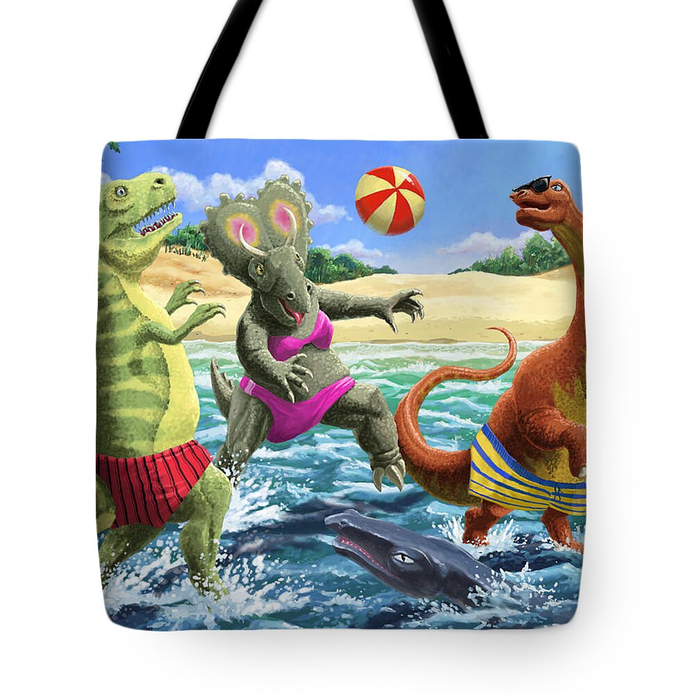 Dinosaur Tote Bag featuring the digital art dinosaur fun playing Volleyball on a beach vacation by Martin Davey