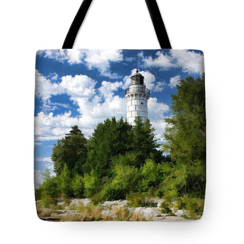 Cana Island Lighthouse Tote Bag featuring the painting Cana Island Lighthouse Cloudscape in Door County by Christopher Arndt