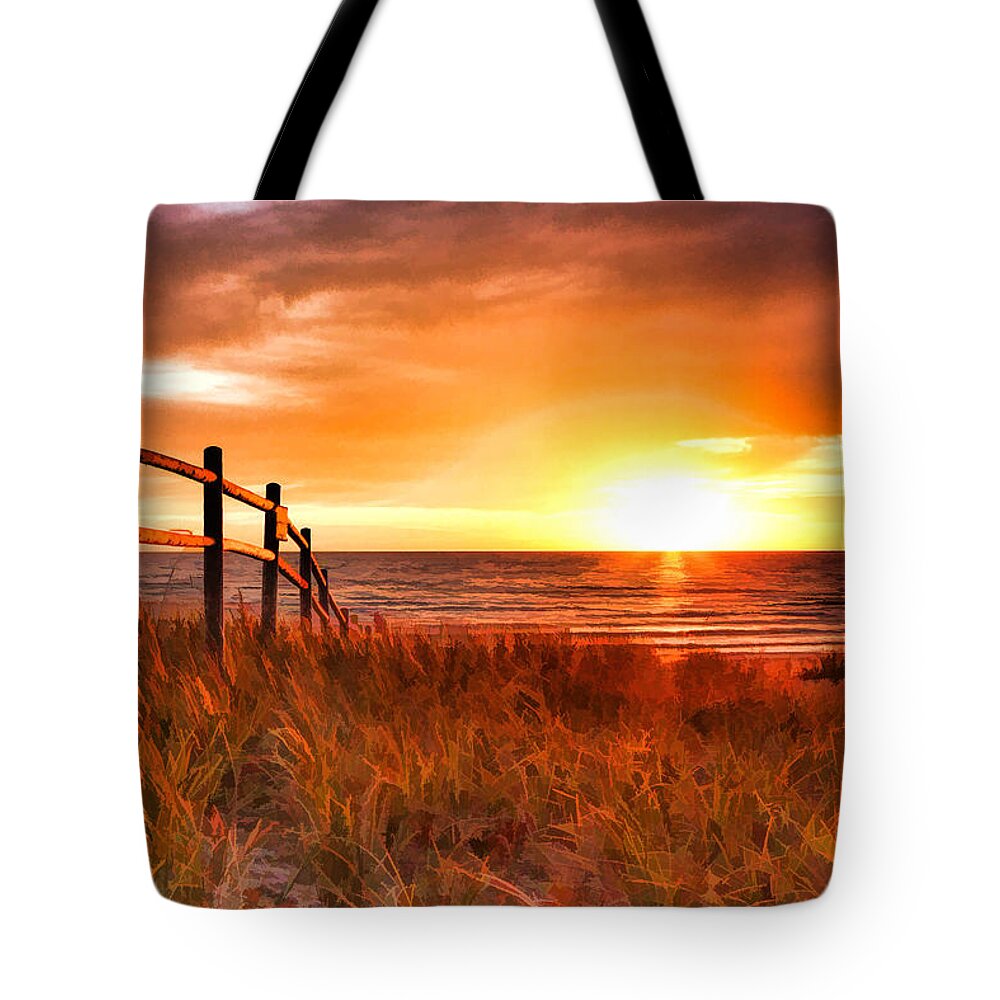 Door County Tote Bag featuring the painting Door County Europe Bay Fence Sunrise by Christopher Arndt