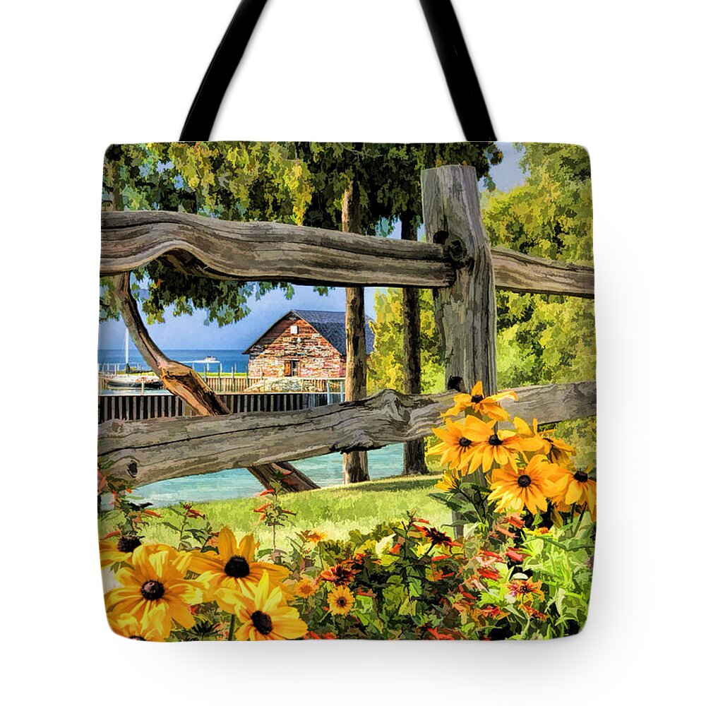 Door County Tote Bag featuring the painting Door County Historic Anderson Dock Fence and Flowers by Christopher Arndt