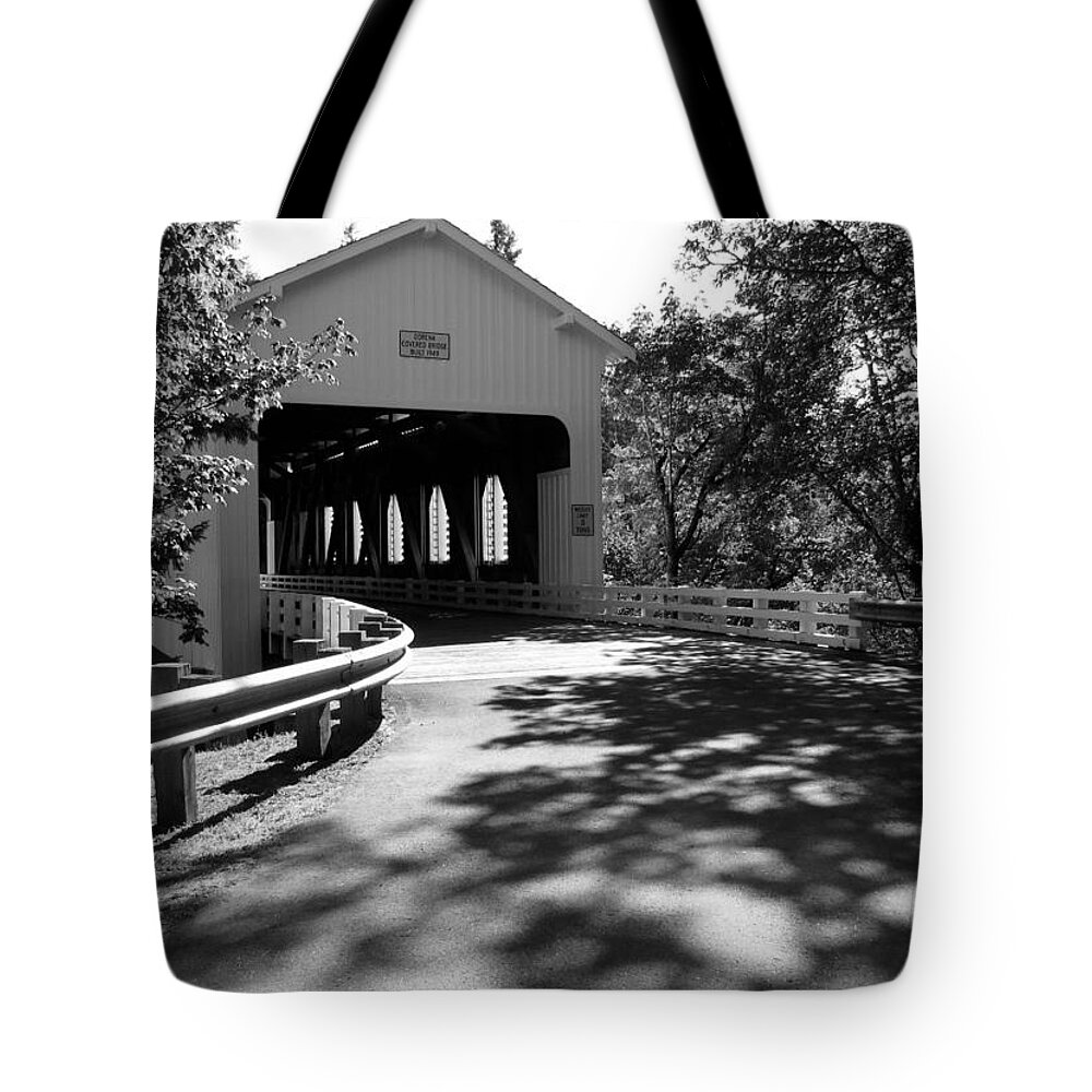 Black And White Tote Bag featuring the photograph Dorena Covered Bridge by KATIE Vigil