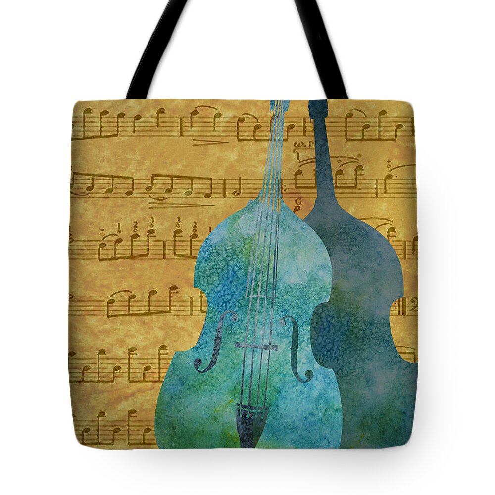 Double Bass Tote Bag featuring the mixed media Double Bass Score by Jenny Armitage