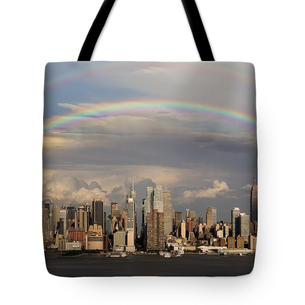 New York City Skyline Tote Bag featuring the photograph Double Rainbow Over NYC by Susan Candelario