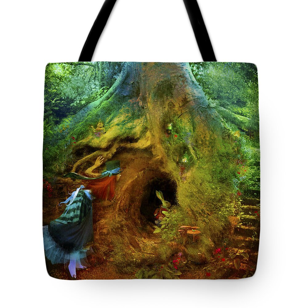 Wonderland Tote Bag featuring the digital art Down the Rabbit Hole by MGL Meiklejohn Graphics Licensing