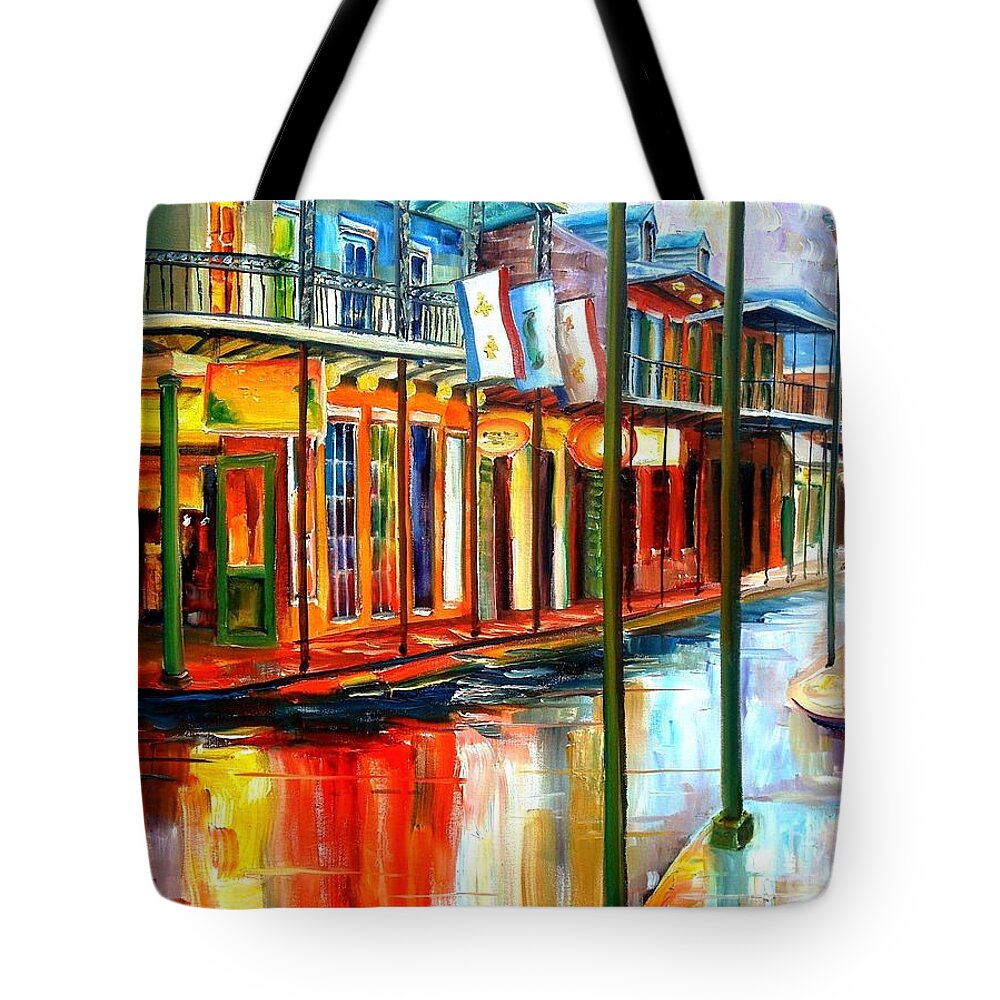 New Orleans Tote Bag featuring the painting Downpour on Bourbon Street by Diane Millsap