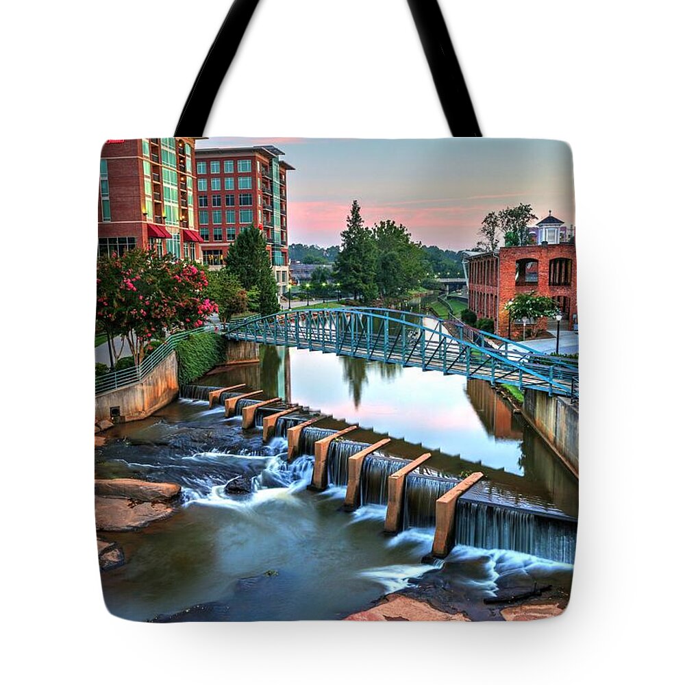 Downtown Greenville Tote Bag featuring the photograph Downtown Greenville on the River by Carol Montoya