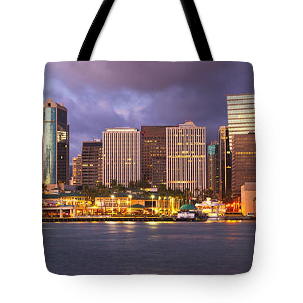 Downtown Tote Bag featuring the photograph Downtown Honolulu Hawaii dusk skyline by Ken Brown