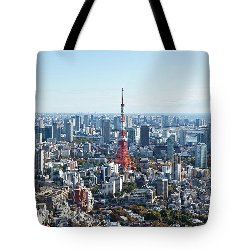 Tokyo Tower Tote Bag featuring the photograph Downtown Skyline With Tokyo Tower by Tom Bonaventure