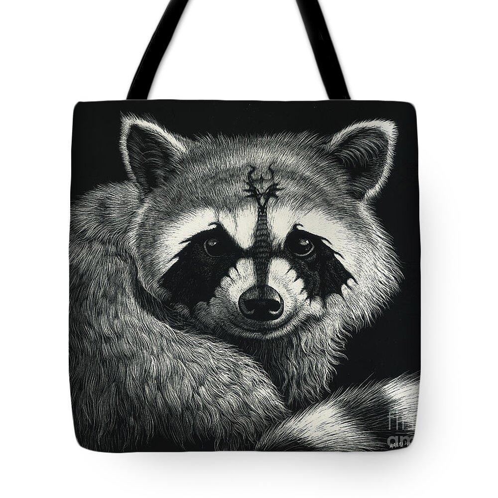 Raccoon Tote Bag featuring the drawing Draccoon by Stanley Morrison