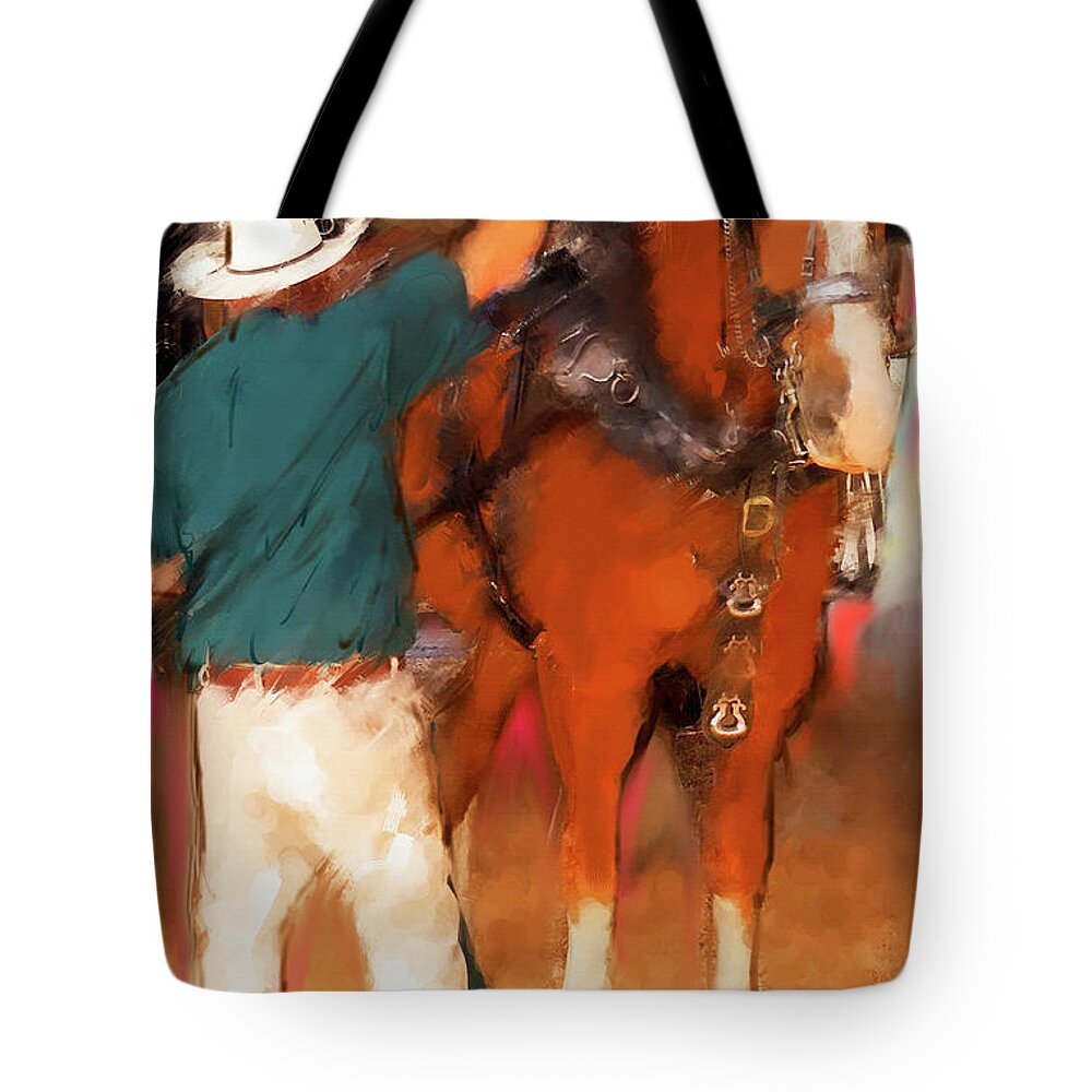 Horse Art Paintings Tote Bag featuring the painting Draft Horse And trainer by Ted Azriel