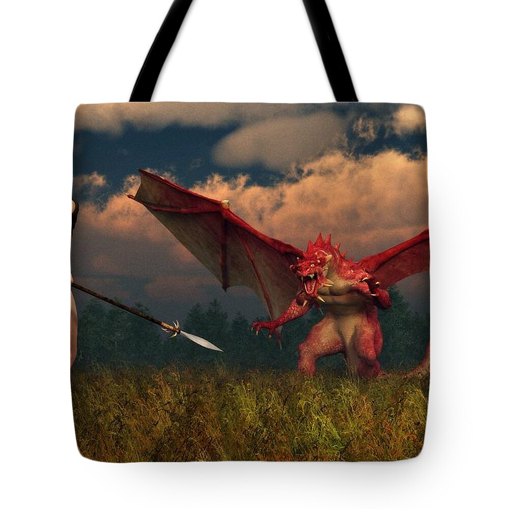  Tote Bag featuring the digital art Dragon vs Cavegirl by Kaylee Mason
