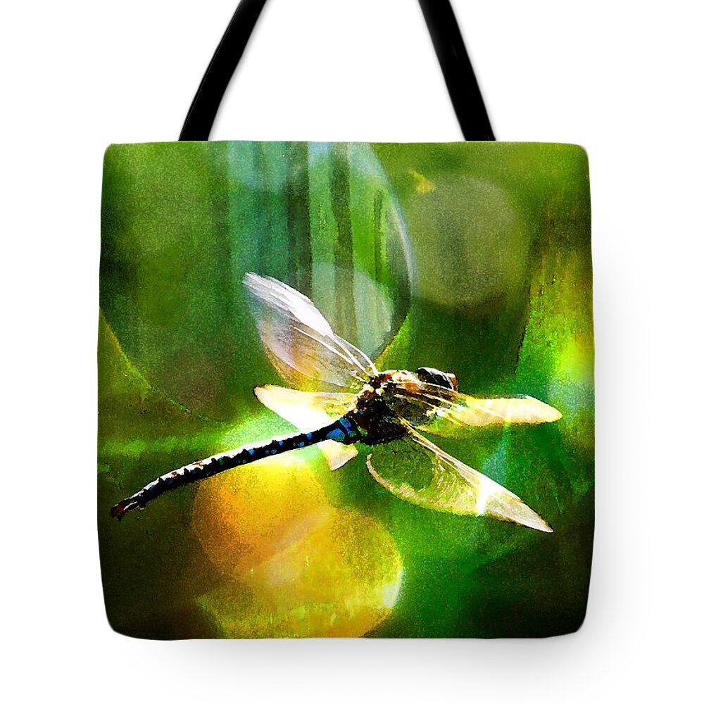 Dragonfly Tote Bag featuring the mixed media Dragonfly In Sunlight - Yellow Sunlight by Marie Jamieson