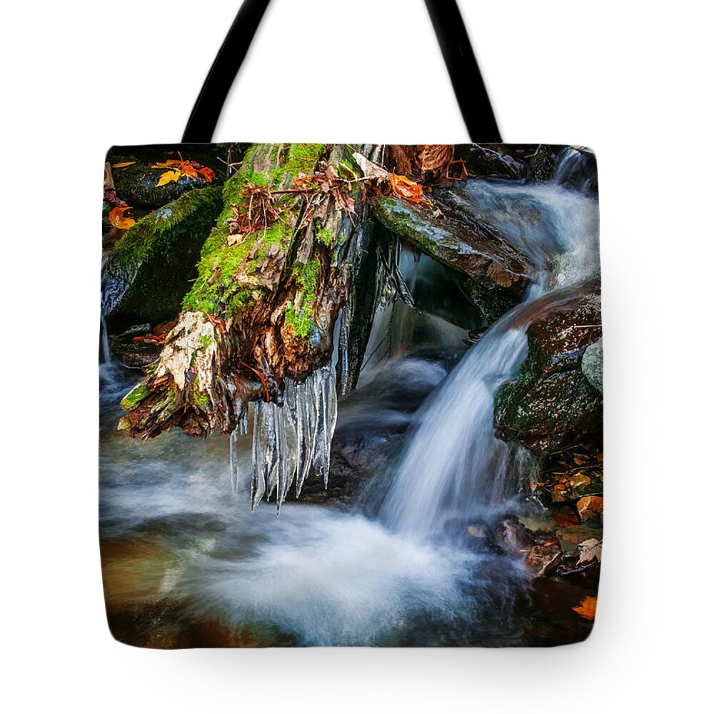 Waterfall Tote Bag featuring the photograph Dragons Teeth Icicles Waterfall Great Smoky Mountains Painted by Rich Franco