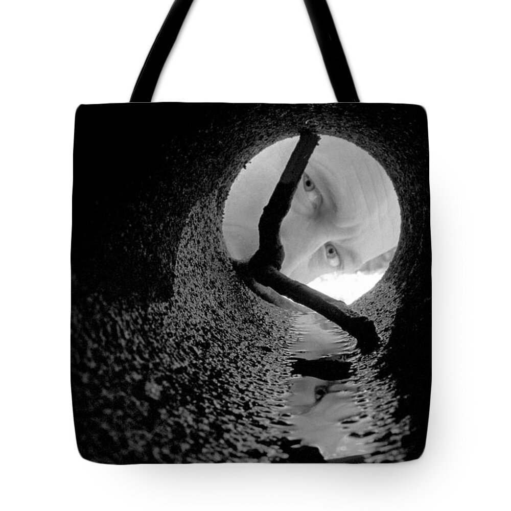 Portrait Tote Bag featuring the photograph Drain Pipe - Artist Self Portrait by Gary Heller