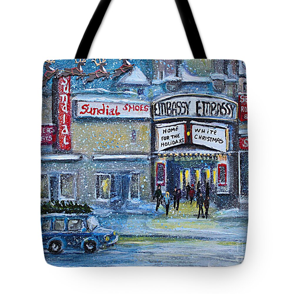 Embassy Theatre Tote Bag featuring the painting Dreaming of a White Christmas by Rita Brown