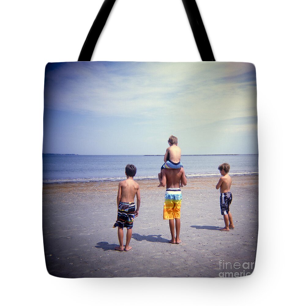Boys Tote Bag featuring the photograph Dreams of Our Childhoods Boys at the Beach by Matthew Lit