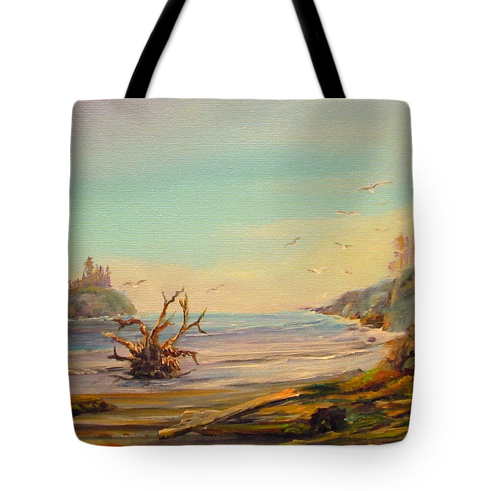 Landscape Tote Bag featuring the painting Driftwood Beach by Wayne Enslow