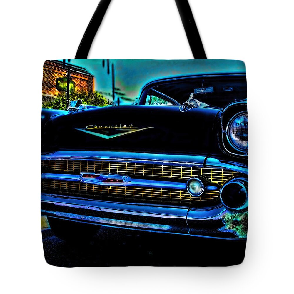 1957 Chevrolet Tote Bag featuring the mixed media Drive In Special by Lesa Fine