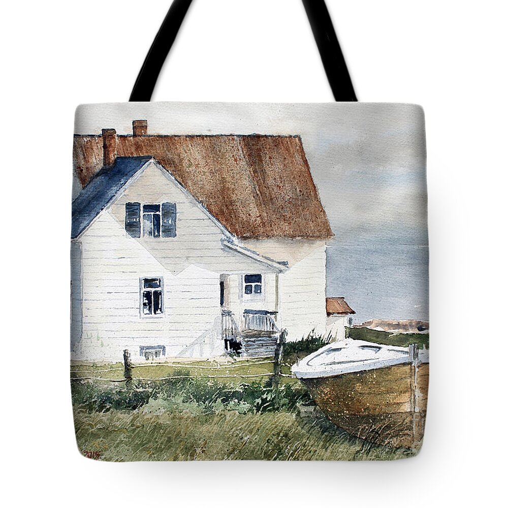 A Sunlit Country House With And A Small Stored Boat On The Banks Of The St. Lawrence River In Canada . Tote Bag featuring the painting Morning Sunlight by Monte Toon