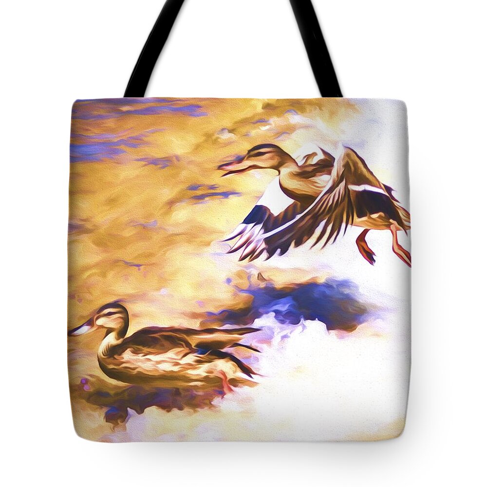 Mallard Tote Bag featuring the mixed media Ducks Landing by Priya Ghose