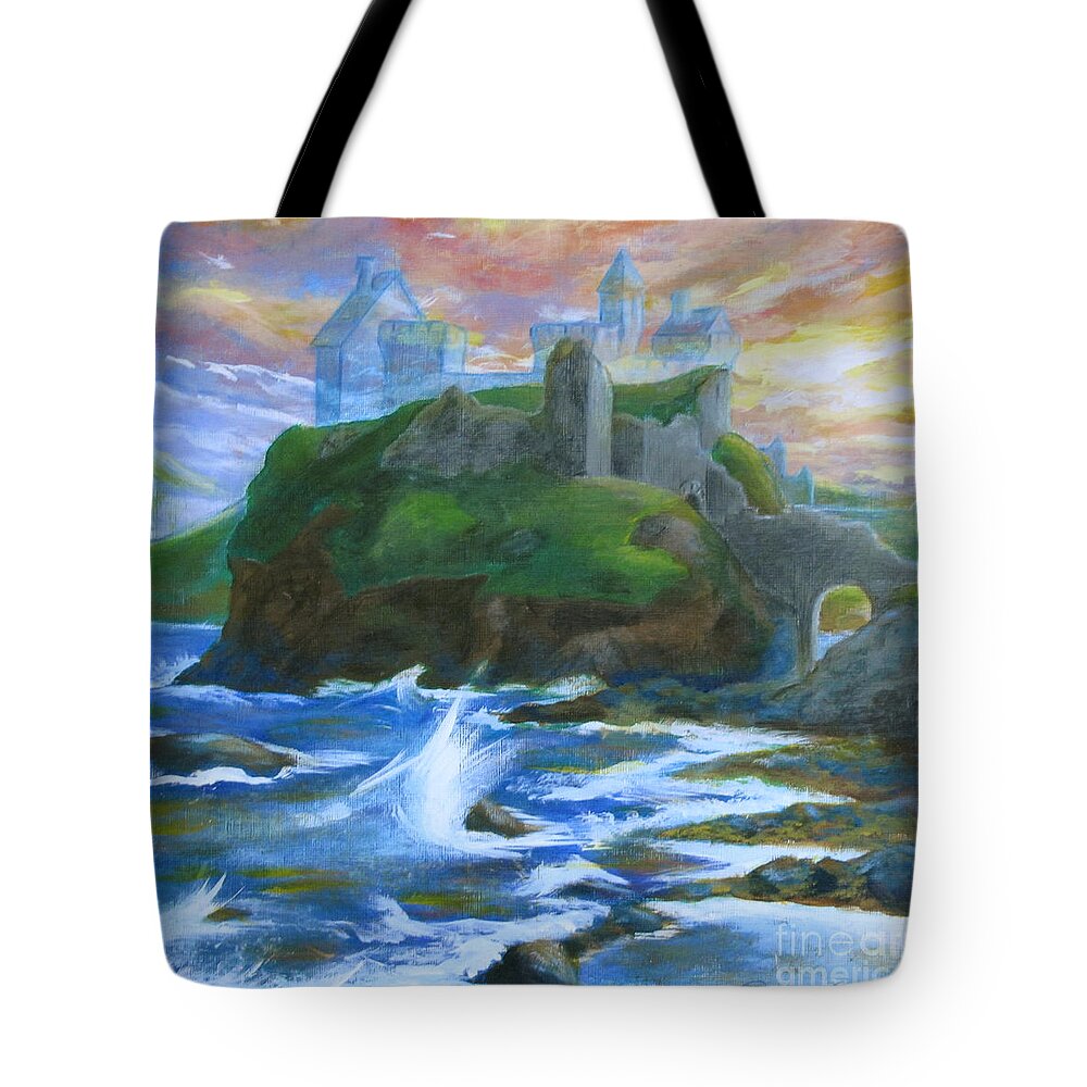 Dunscaith Tote Bag featuring the painting Dunscaith Castle - Shadows of the past by Samantha Geernaert