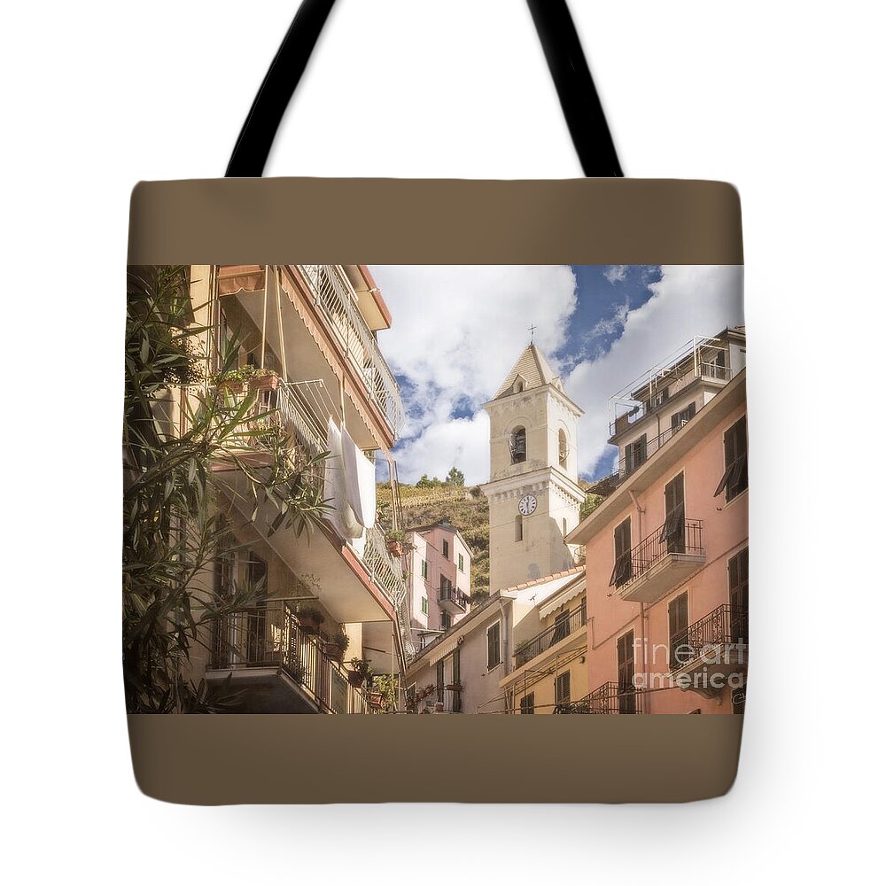 Cinque Terre Tote Bag featuring the photograph Duomo Bell Tower of Manarola by Prints of Italy