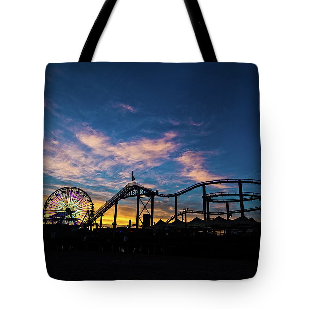 Recreational Pursuit Tote Bag featuring the photograph Dusk At Santa Monica Pier by Extreme-photographer