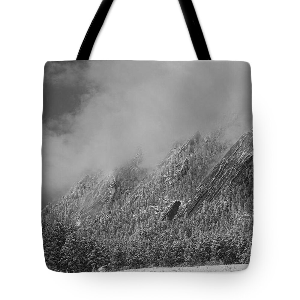 Flatirons Tote Bag featuring the photograph Dusted Flatirons Low Clouds Boulder Colorado BW by James BO Insogna